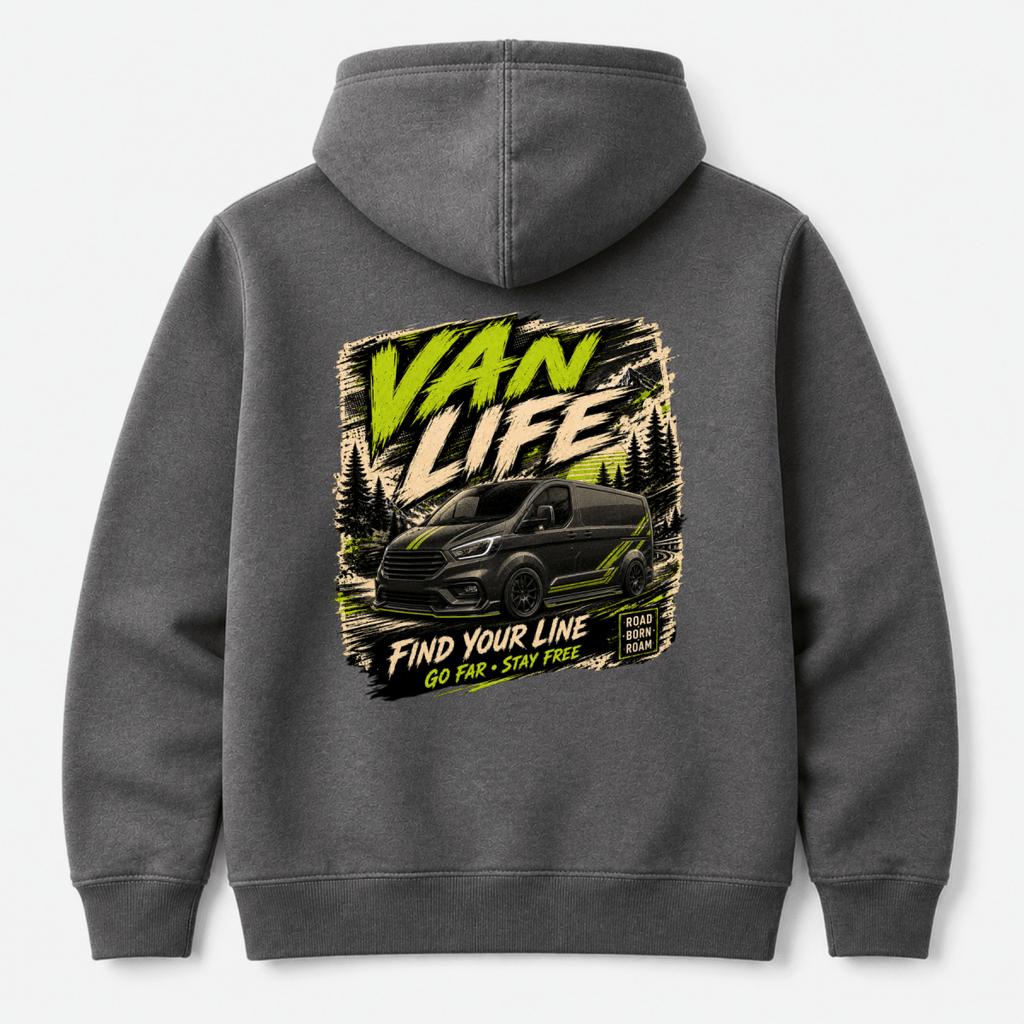 Camberline Van Life Find Your Line black and lime green van and mountain graphic, dark heather hoodie, back view