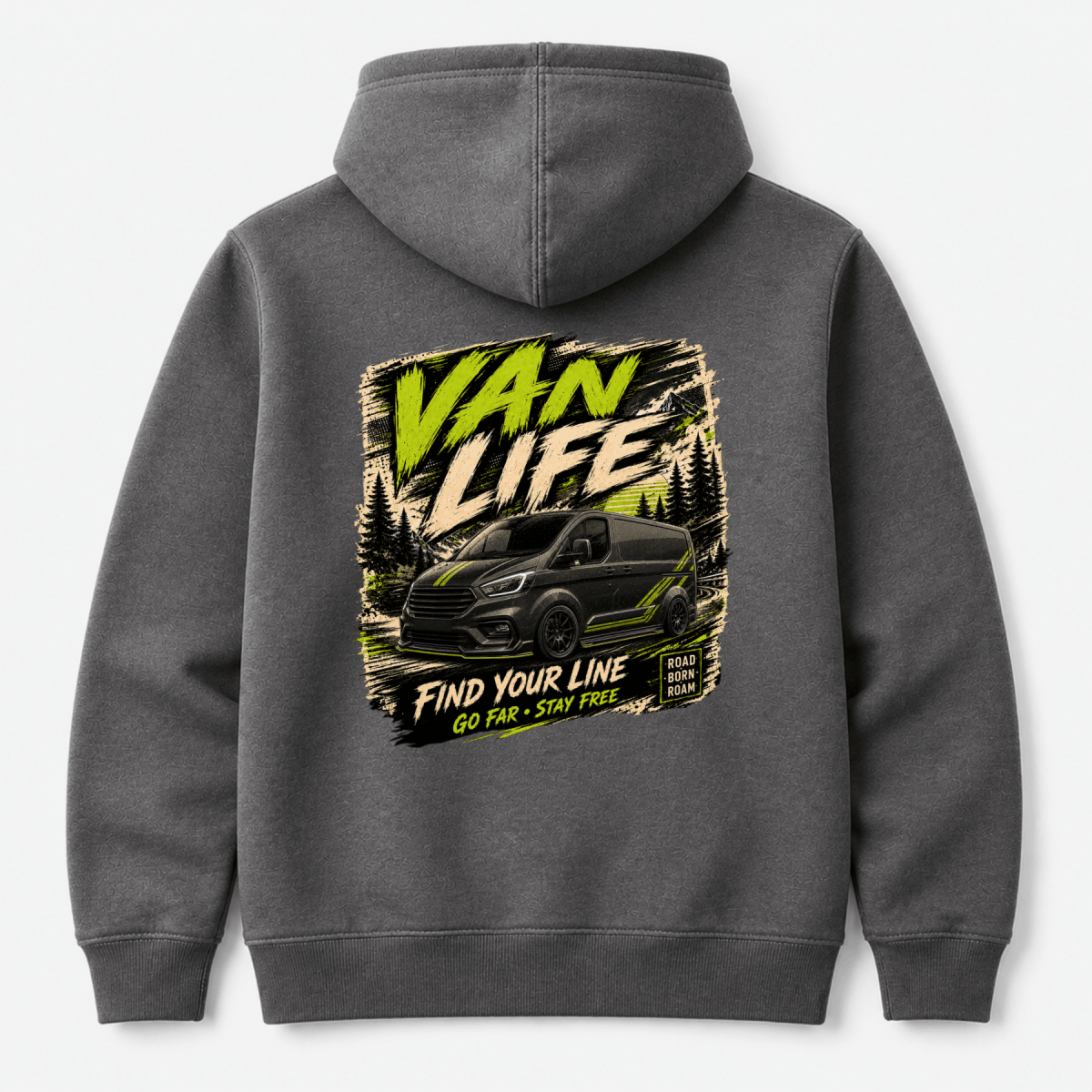 Camberline Van Life Find Your Line black and lime green van and mountain graphic, dark heather hoodie, back view