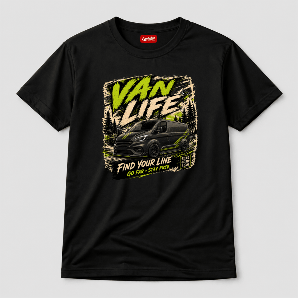 Camberline Van Life Find Your Line black and lime green van and forest mountain graphic, black t-shirt, front view