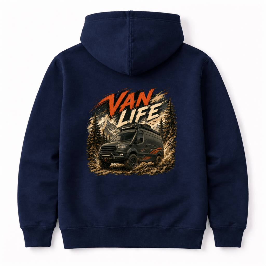 Navy blue hoodie with 'Van Life' graphic on the back
