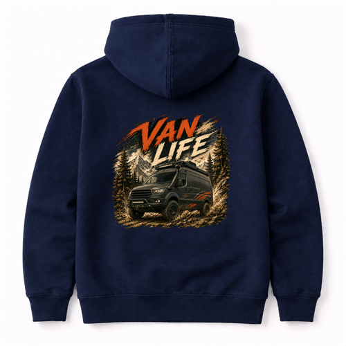 Navy blue hoodie with 'Van Life' graphic on the back