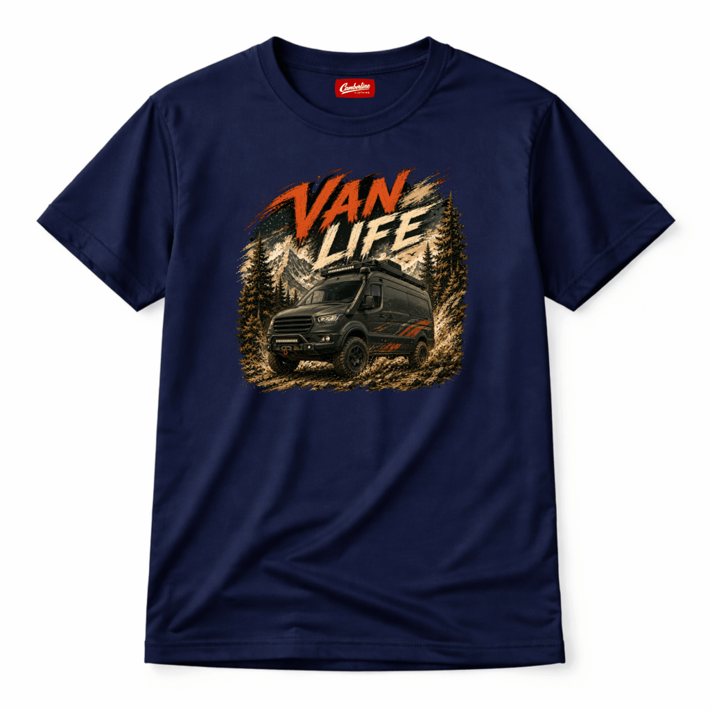 Navy blue t-shirt with 'Van Life' graphic and camper van design on a white background