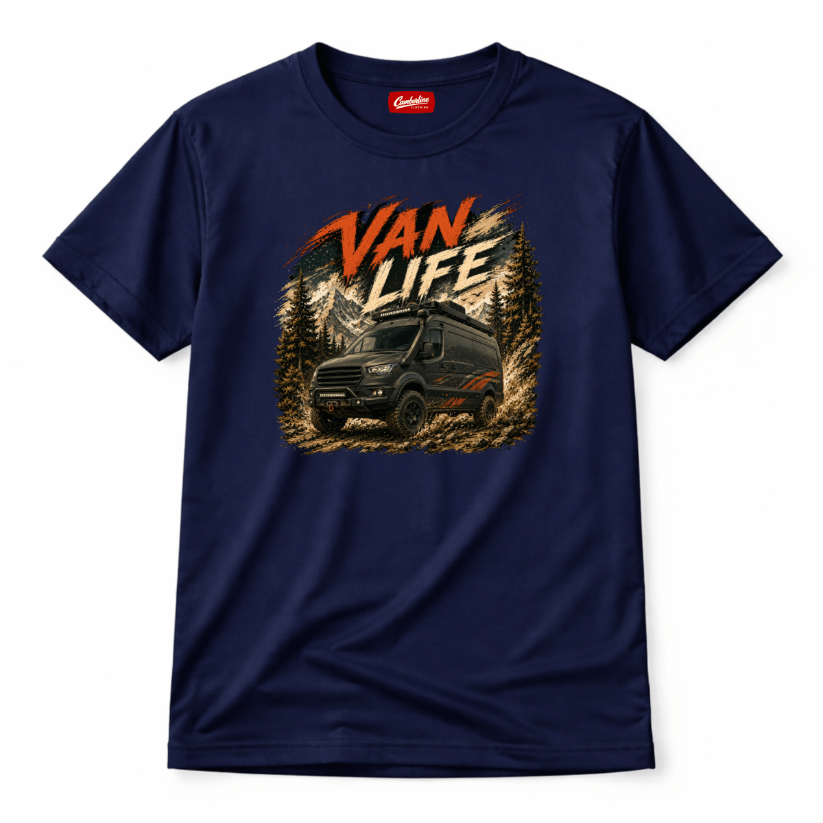 Navy blue t-shirt with 'Van Life' graphic and camper van design on a white background
