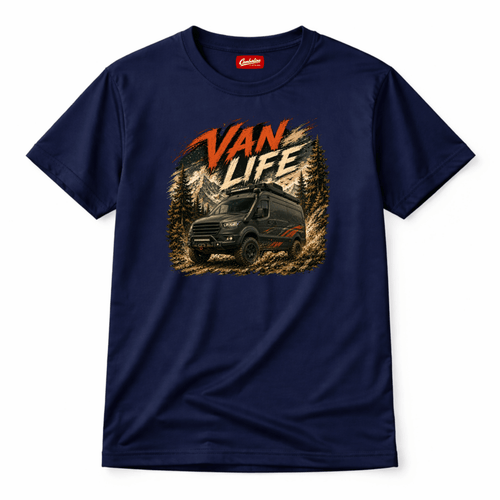 Navy blue t-shirt with 'Van Life' graphic and camper van design on a white background