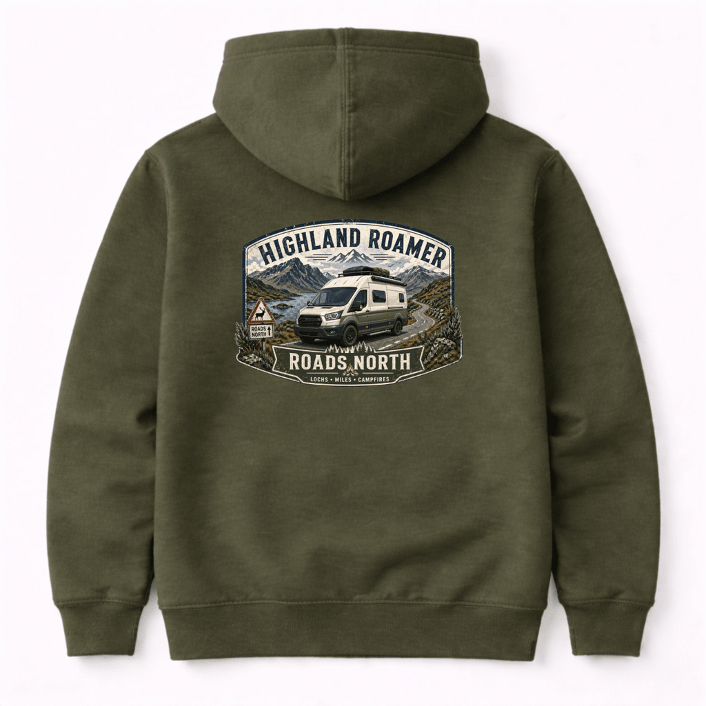 Green hoodie with 'Coastal Escape Van Life Society' graphic on the back