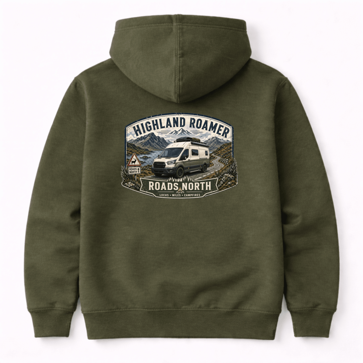 Green hoodie with 'Coastal Escape Van Life Society' graphic on the back