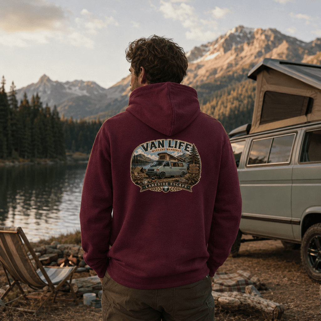 Person wearing a maroon hoodie with 'Van Life' design, standing by a lake with mountains in the background.