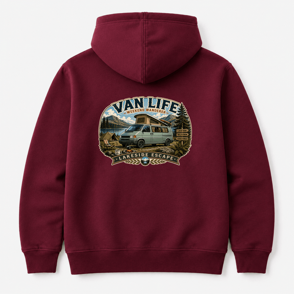 Maroon hoodie with 'Van Life' graphic on the back against a white background