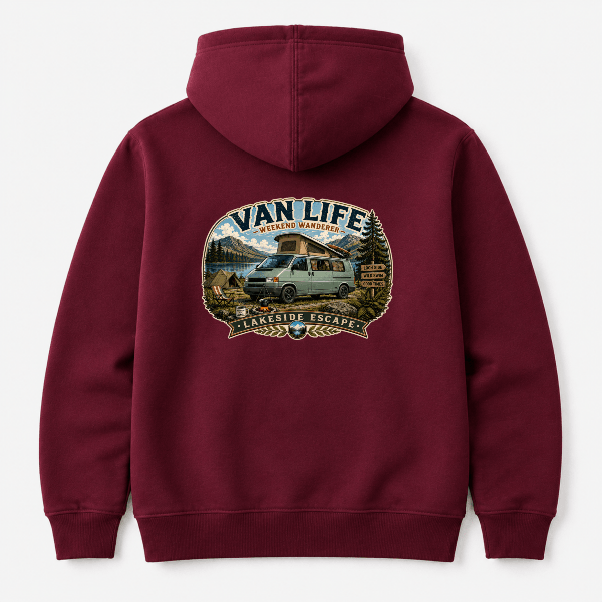 Maroon hoodie with 'Van Life' graphic on the back against a white background