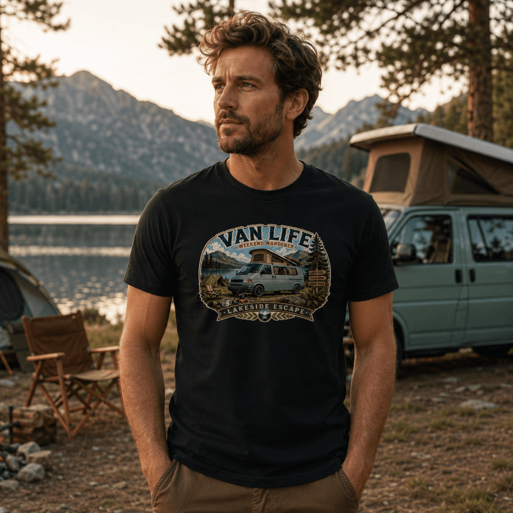 Man wearing a 'Van Life' t-shirt in a camping setting with mountains and a lake in the background.