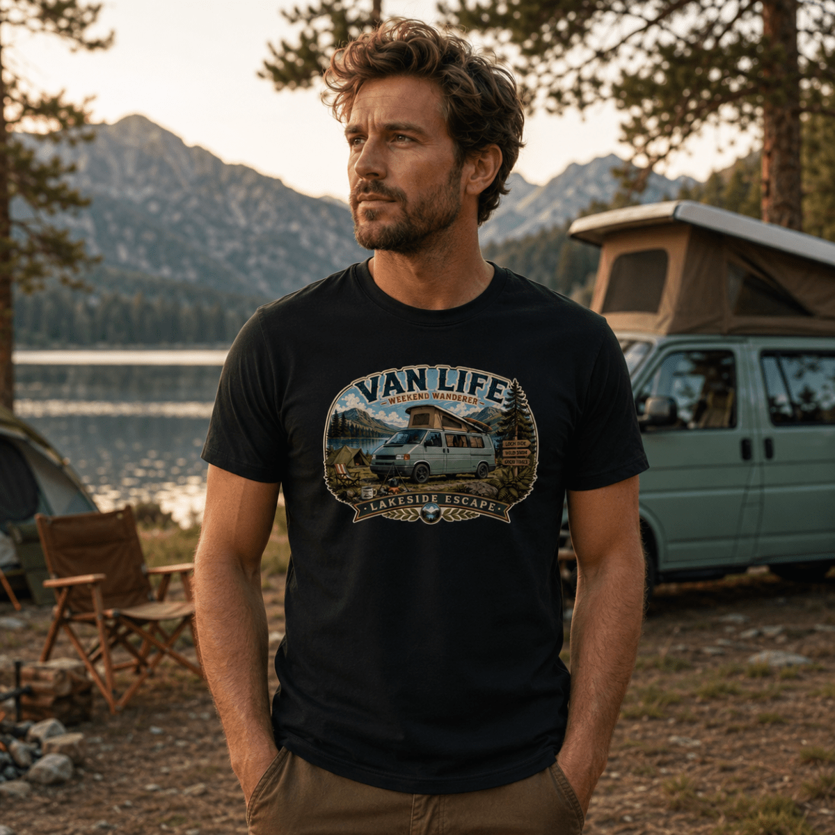 Man wearing a 'Van Life' t-shirt in a camping setting with mountains and a lake in the background.