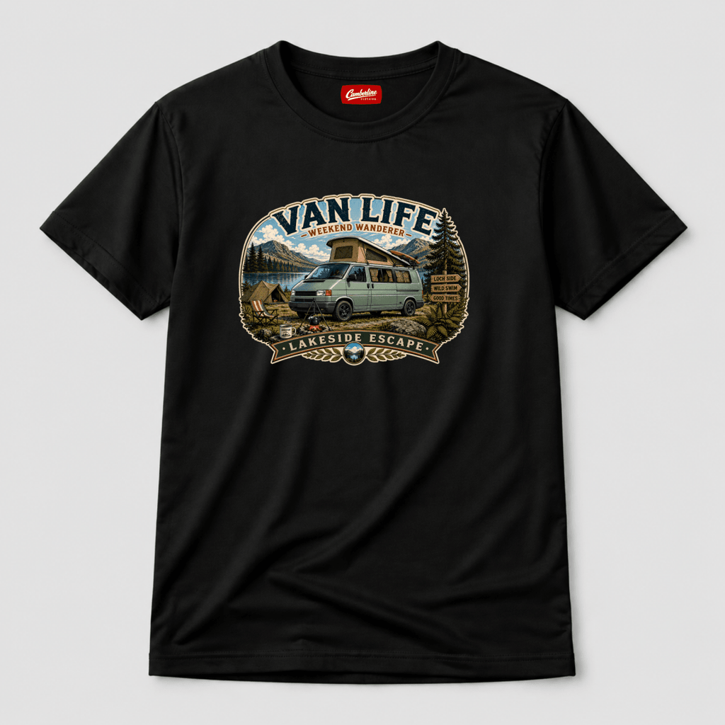 Black t-shirt with 'Van Life' graphic design featuring a van and mountains on a light gray background.