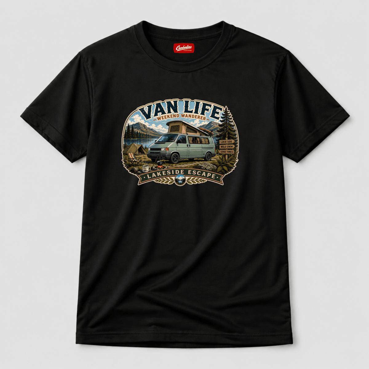 Black t-shirt with 'Van Life' graphic design featuring a van and mountains on a light gray background.