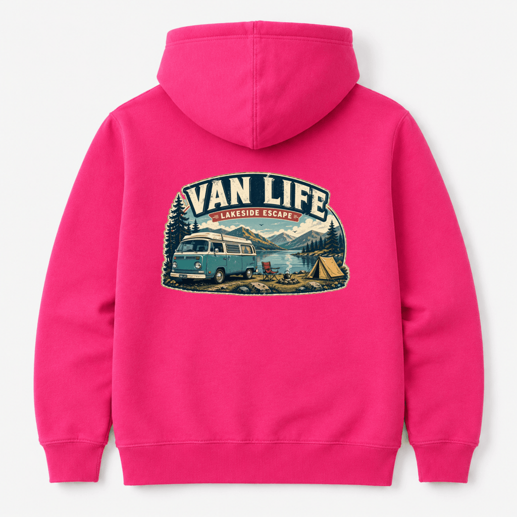 Camberline Van Life Lakeside Escape vintage retro campervan lake and camping badge, pink hoodie, back view