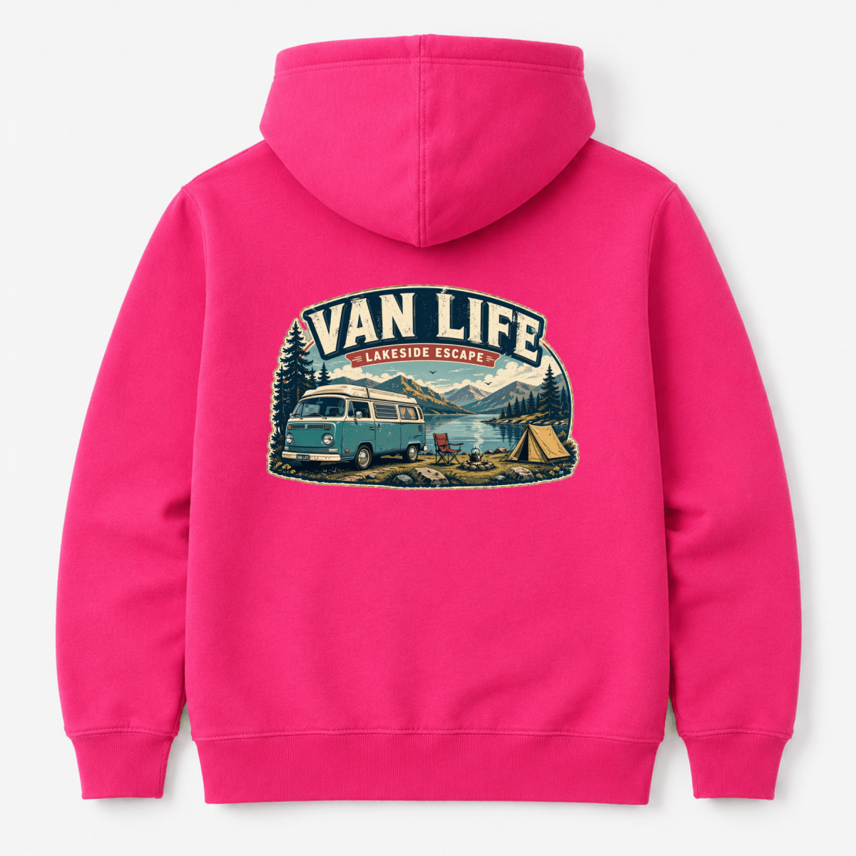 Camberline Van Life Lakeside Escape vintage retro campervan lake and camping badge, pink hoodie, back view