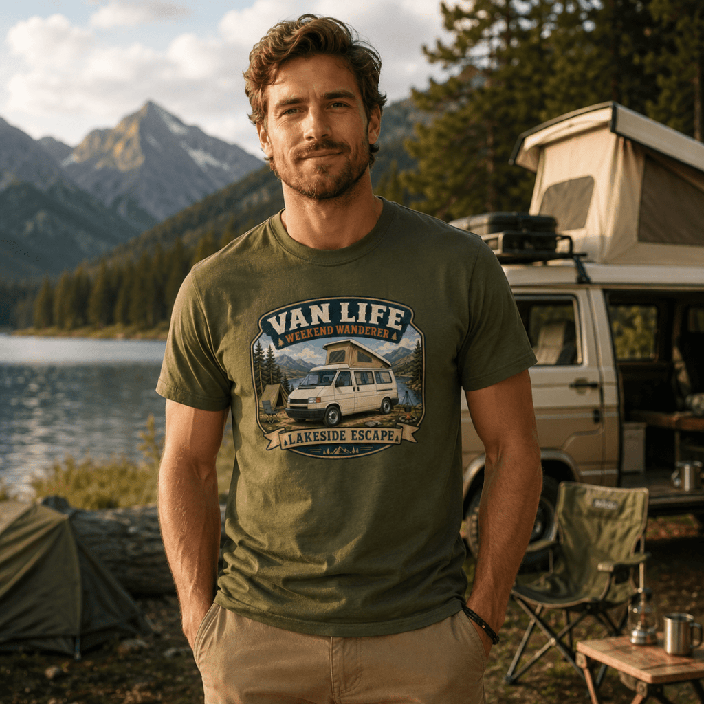 Man wearing a 'Van Life' t-shirt by a lake with mountains in the background