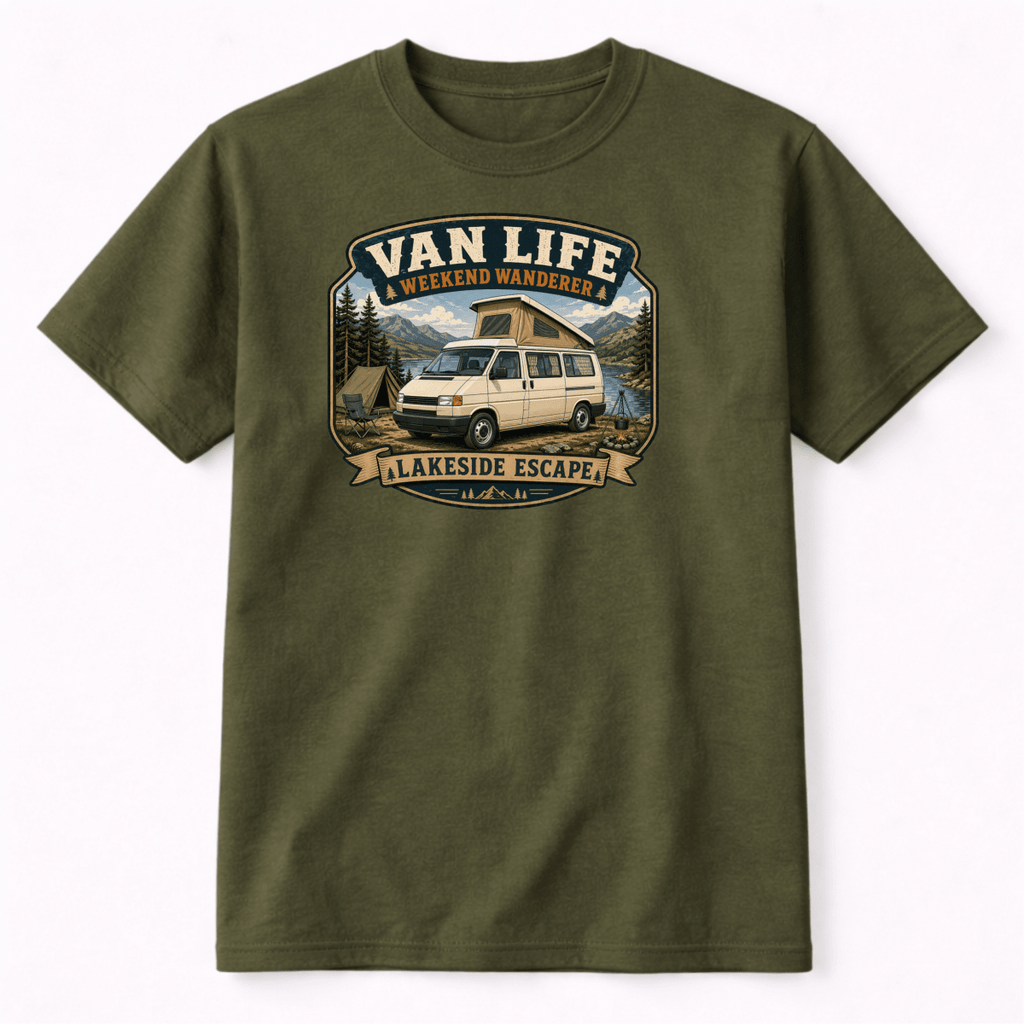 Green t-shirt with 'Van Life' graphic design featuring a van and camping scene on a white background.
