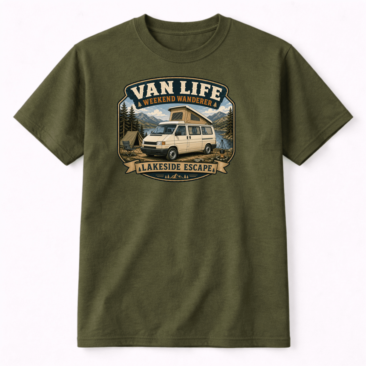Green t-shirt with 'Van Life' graphic design featuring a van and camping scene on a white background.