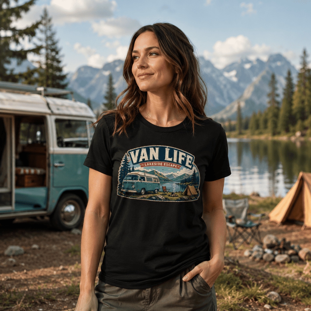 Model wearing Camberline black van life t-shirt showing Van Life Lakeside Escape vintage retro campervan lake and mountain camping badge on chest