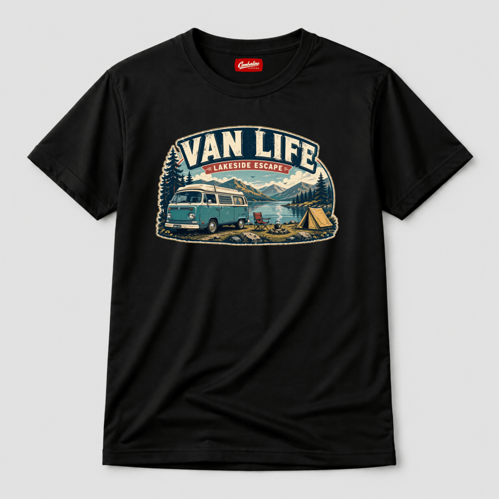 Camberline Van Life Lakeside Escape vintage retro campervan lake and mountain camping badge, black t-shirt, front view