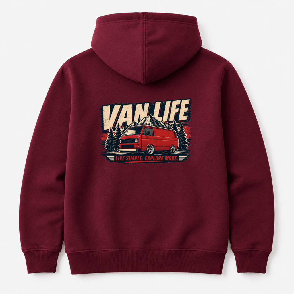 Camberline Van Life Live Simple Explore More red retro boxy van and mountain graphic, burgundy hoodie, back view