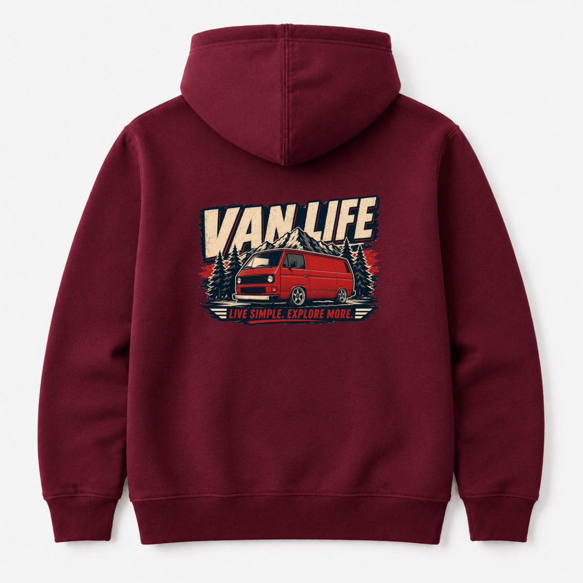 Camberline Van Life Live Simple Explore More red retro boxy van and mountain graphic, burgundy hoodie, back view