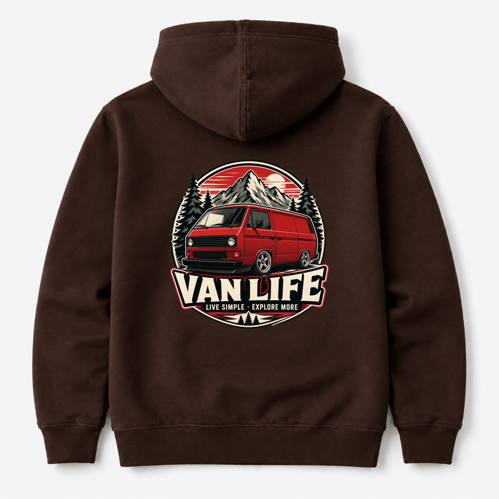 Camberline Van Life Live Simple Explore More red retro van circle badge, chocolate brown hoodie, back view