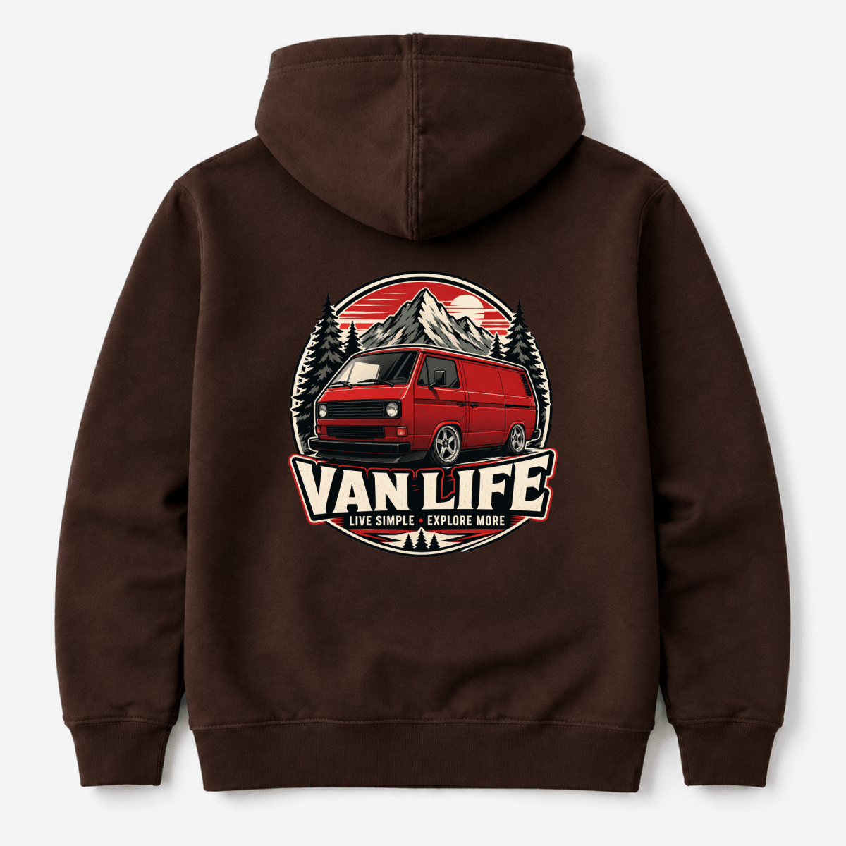 Camberline Van Life Live Simple Explore More red retro van circle badge, chocolate brown hoodie, back view