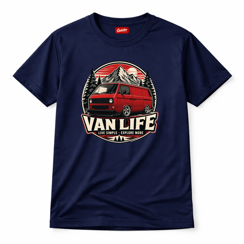 Camberline Van Life Live Simple Explore More red retro van circle badge, navy t-shirt, front view