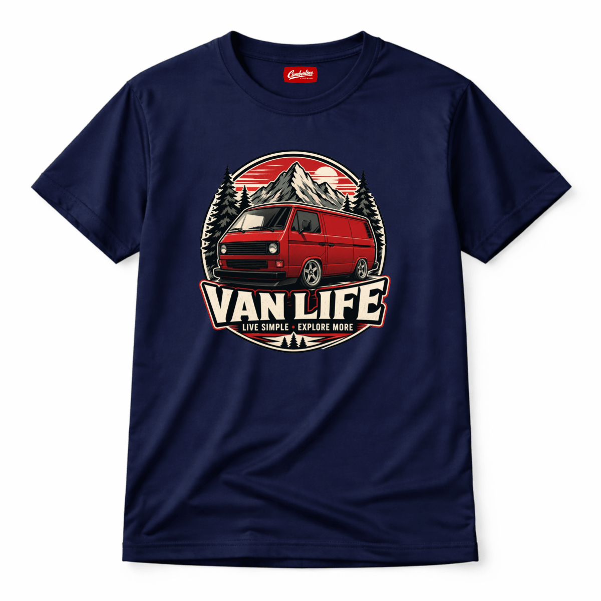 Camberline Van Life Live Simple Explore More red retro van circle badge, navy t-shirt, front view