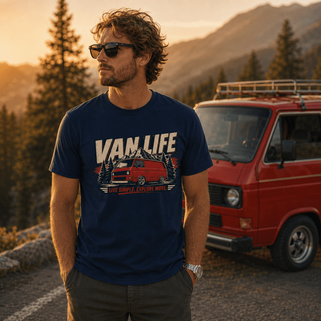 Model wearing Camberline navy van life t-shirt showing Van Life Live Simple Explore More red retro boxy van and mountain pine on chest