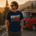 Model wearing Camberline navy van life t-shirt showing Van Life Live Simple Explore More red retro boxy van and mountain pine on chest