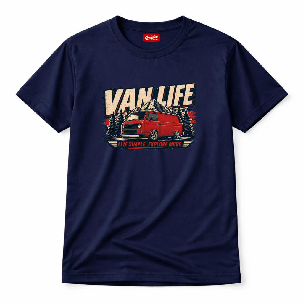 Camberline Van Life Live Simple Explore More red retro boxy van and mountain pine, navy t-shirt, front view