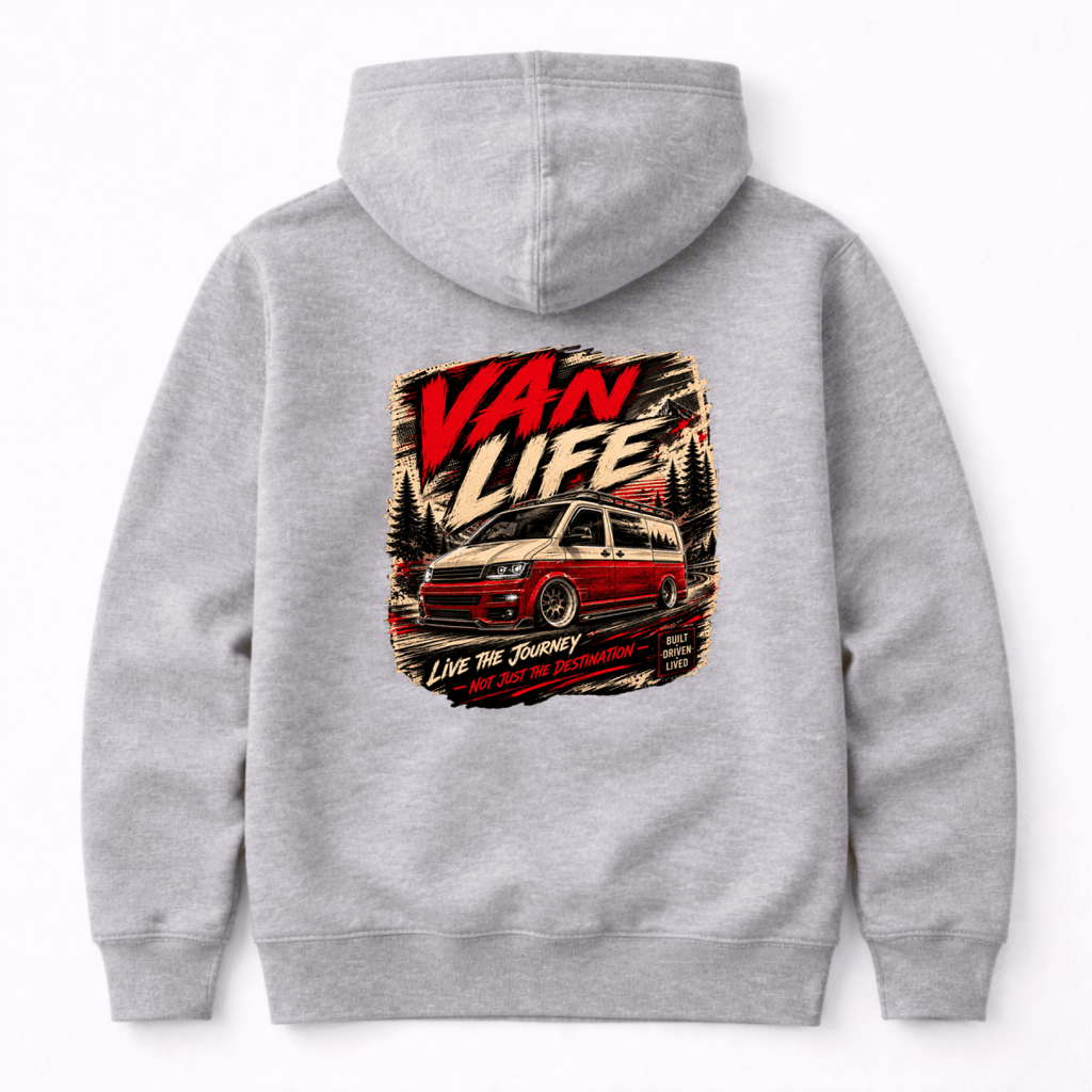 Camberline Van Life Live the Journey red and cream two-tone van and mountain graphic, grey marl hoodie, back view