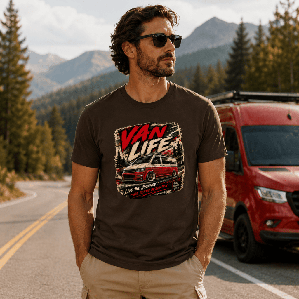 Man wearing a 'Van Life' t-shirt standing on a road with a red van and mountains in the background