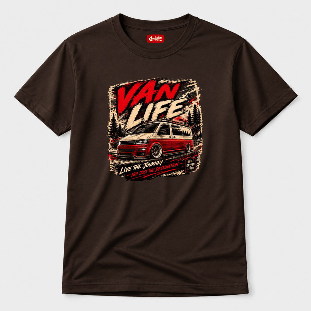 Camberline Van Life Live the Journey red and cream two-tone van and mountain graphic, chocolate brown t-shirt, front view