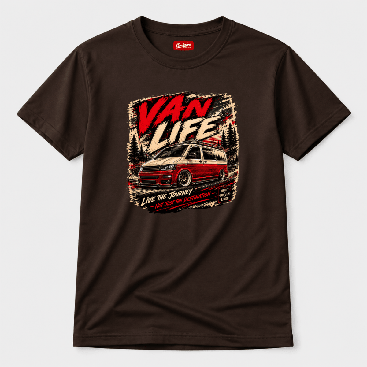 Camberline Van Life Live the Journey red and cream two-tone van and mountain graphic, chocolate brown t-shirt, front view