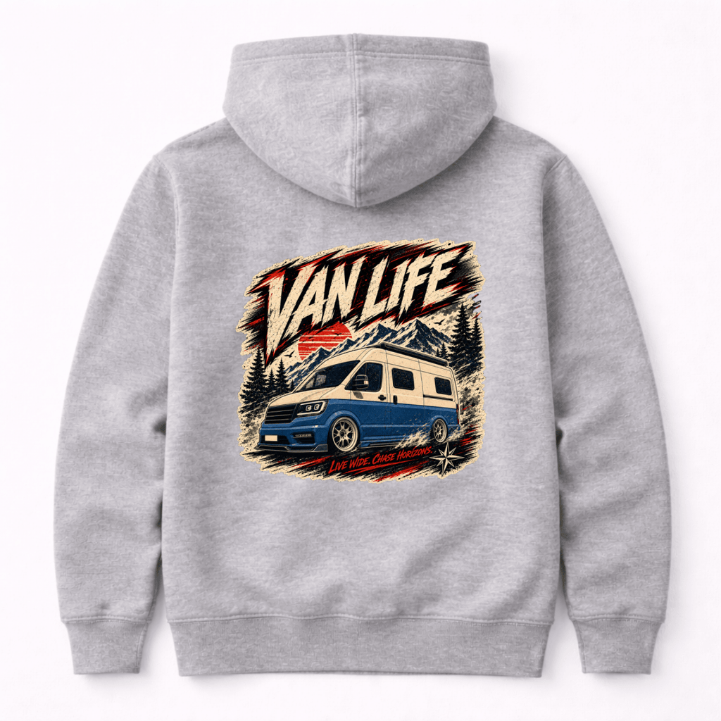 Camberline Van Life Live Wide Chase Horizons blue high-roof van and mountain graphic, grey marl hoodie, back view