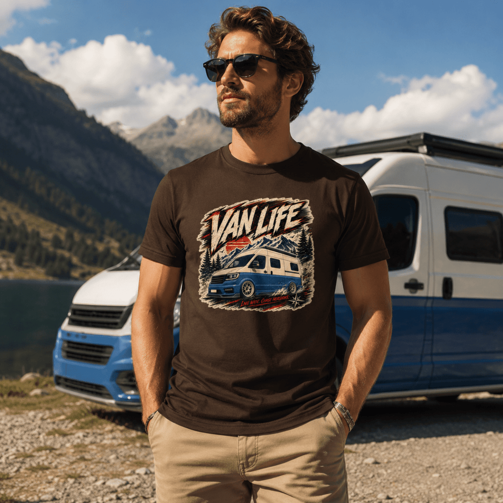 Man wearing a 'Van Life' t-shirt with a camper van graphic, standing in front of a camper van and mountainous landscape.