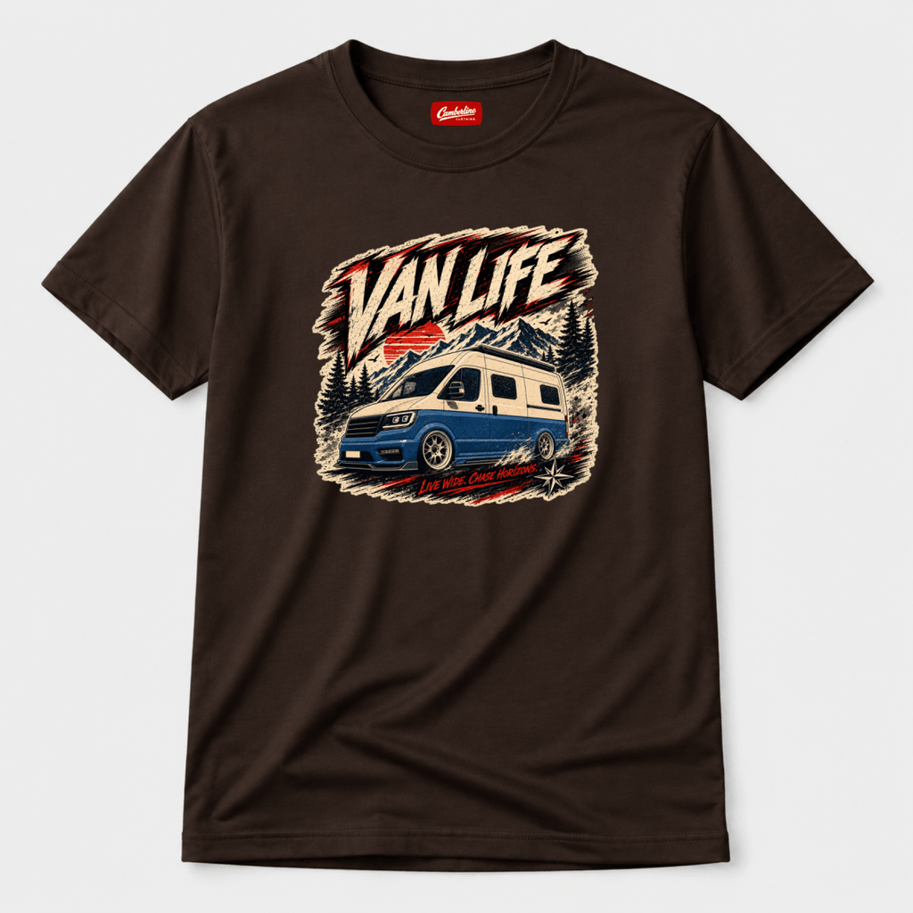 Camberline Van Life Live Wide Chase Horizons blue high-roof van and mountain graphic, chocolate brown t-shirt, front view