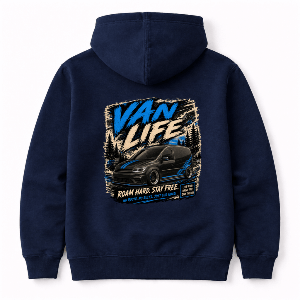 Camberline Van Life Roam Hard Stay Free black and blue van and mountain pine graphic, navy hoodie, back view