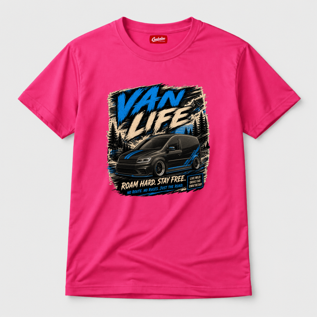 Camberline Van Life Roam Hard Stay Free black and blue van and mountain pine graphic, pink t-shirt, front view