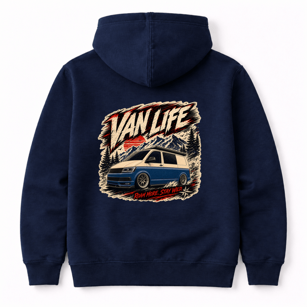 Camberline Van Life Roam More Stay Wild blue two-tone campervan and mountain graphic, navy hoodie, back view