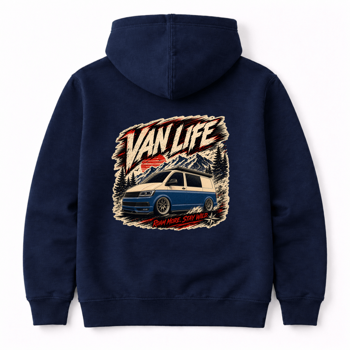 Camberline Van Life Roam More Stay Wild blue two-tone campervan and mountain graphic, navy hoodie, back view