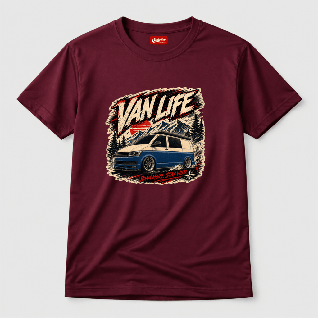 Camberline Van Life Roam More Stay Wild blue two-tone campervan and mountain graphic, burgundy t-shirt, front view