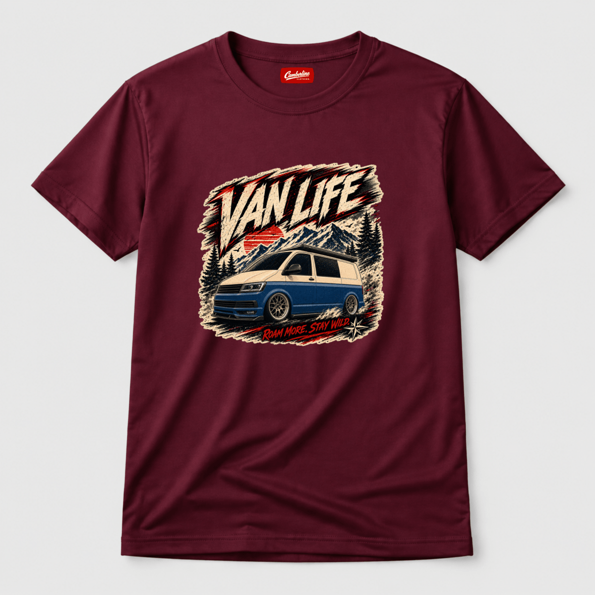 Camberline Van Life Roam More Stay Wild blue two-tone campervan and mountain graphic, burgundy t-shirt, front view