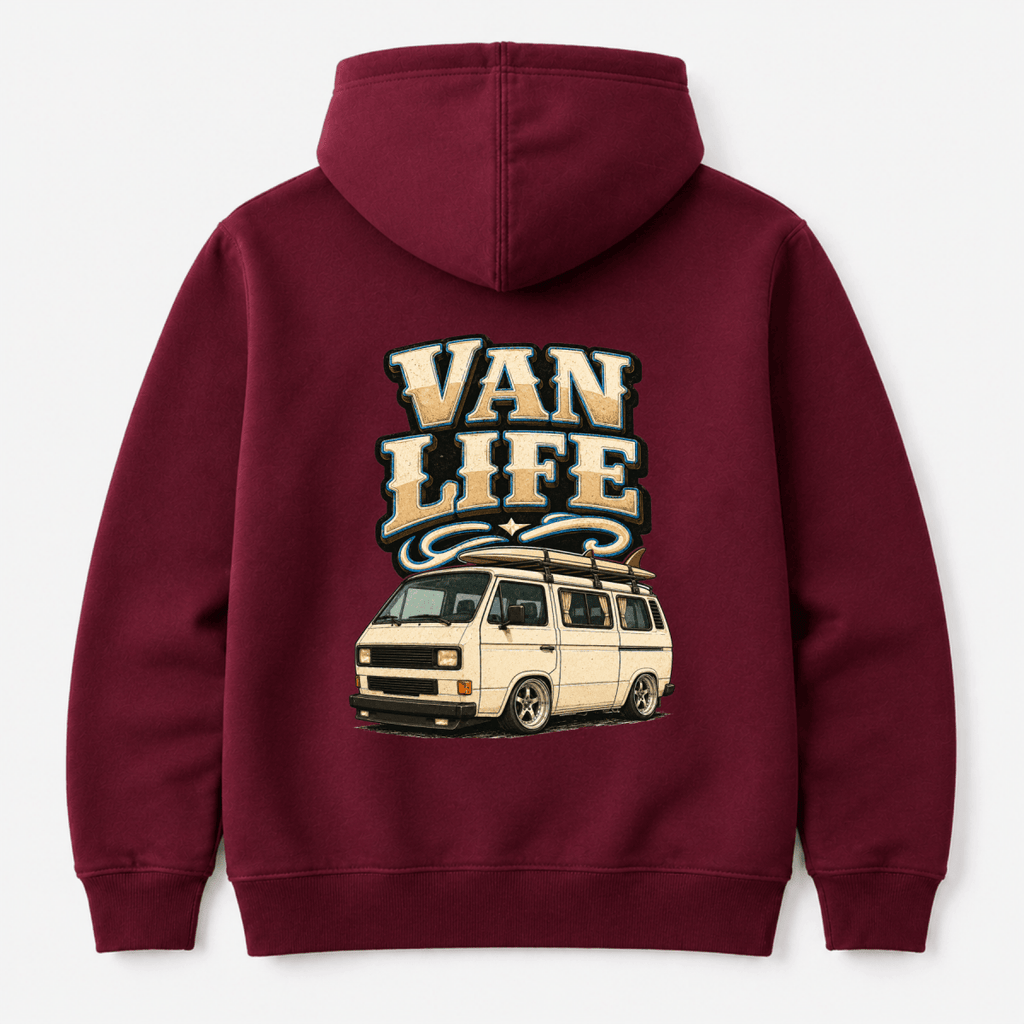 Maroon hoodie with 'Van Life' graphic on the back against a white background