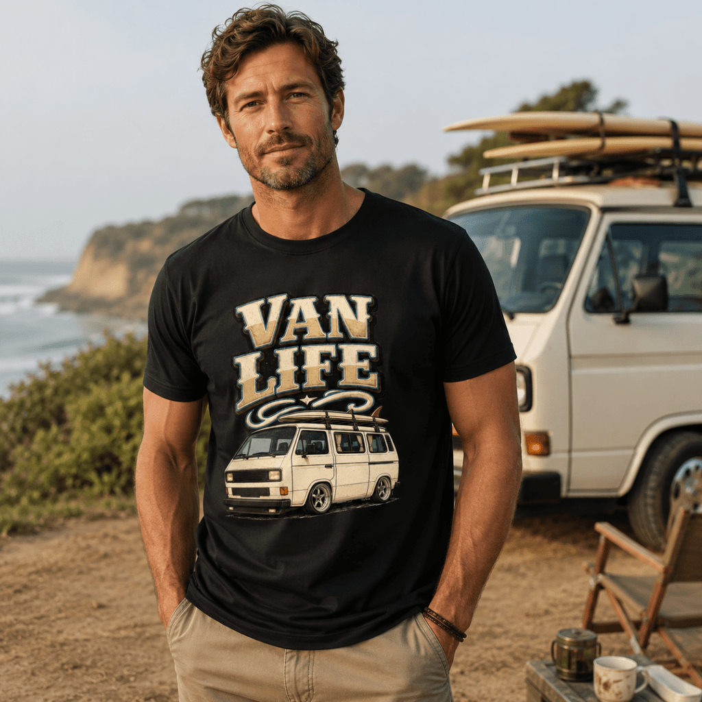 Man wearing a 'Van Life' t-shirt with a van graphic, standing in front of a van and beach.