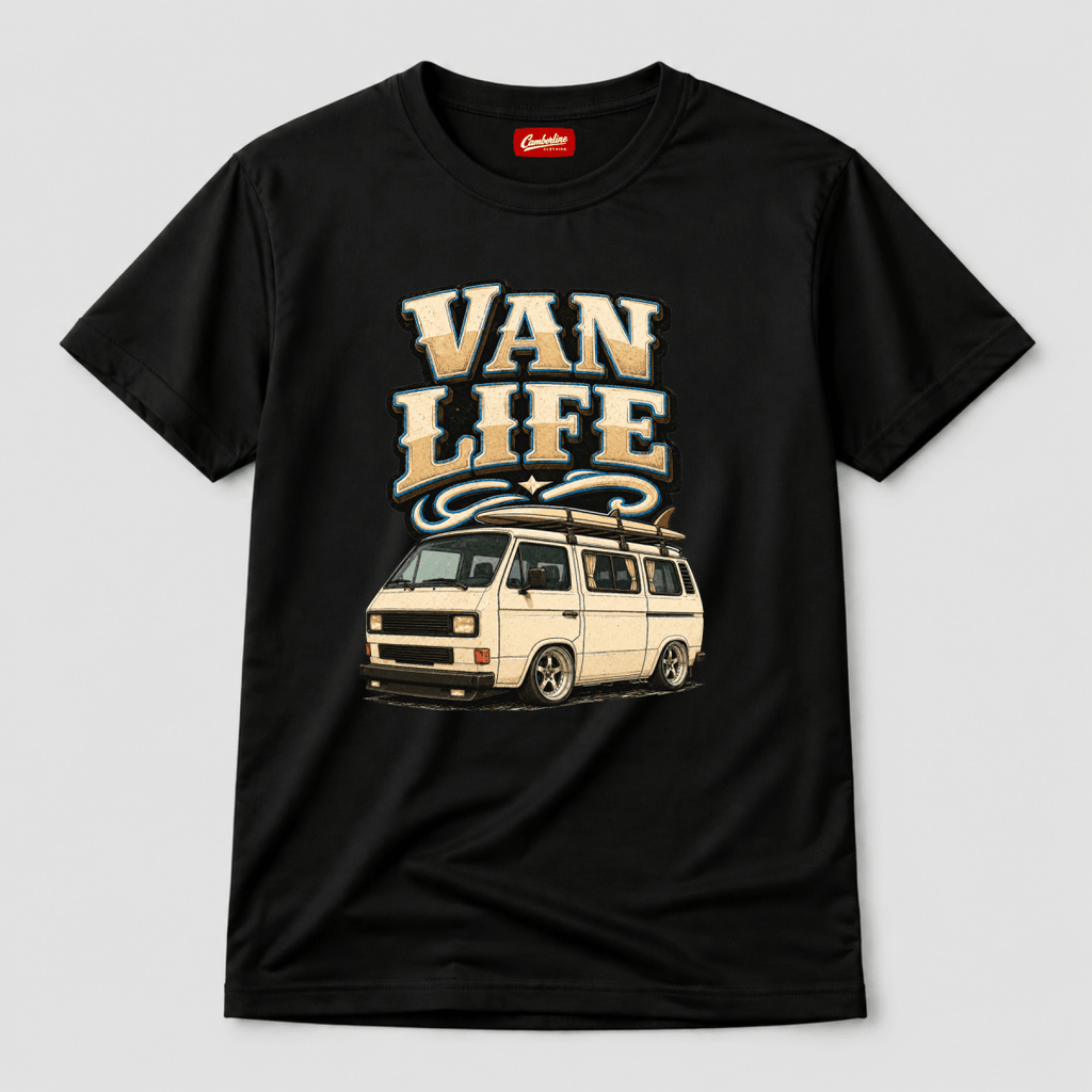 Black t-shirt with 'Van Life' graphic design featuring a van on a light gray background