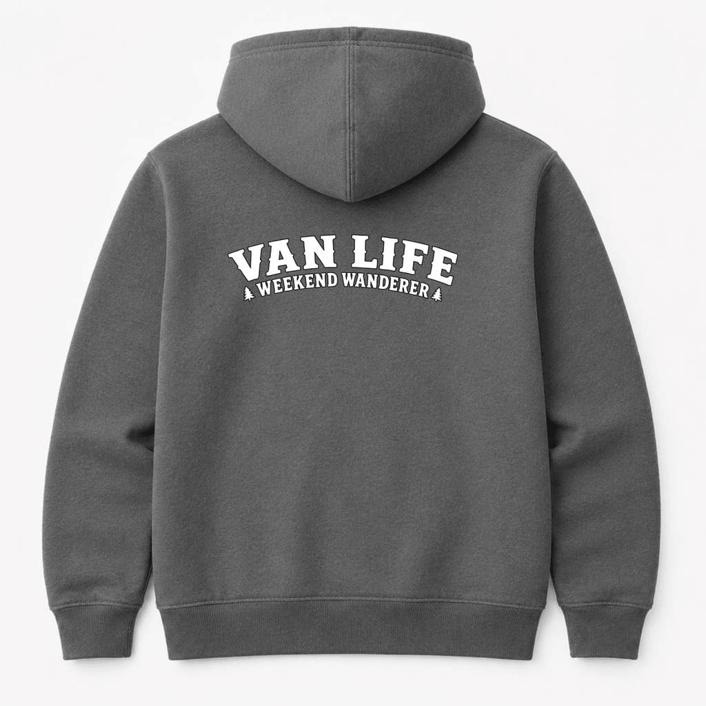 Camberline Van Life Weekend Wanderer collegiate arch text, dark heather hoodie, back view